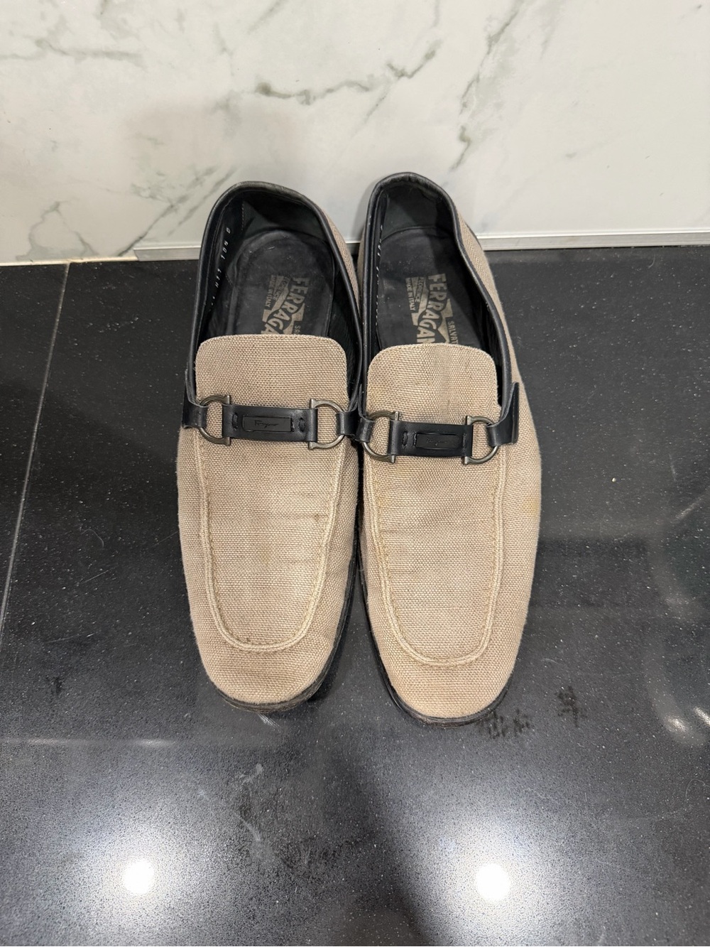 Salvatore Ferragamo Beige Canvas Loafers with Black Bit